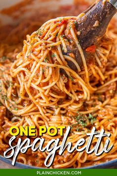 one pot spaghetti in a skillet with a ladle full of noodles and sauce