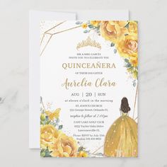 an elegant quinceauera birthday party with yellow flowers and gold foil on the front