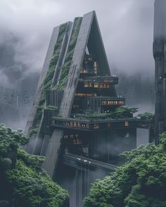 a futuristic building surrounded by greenery in the middle of a foggy forest area