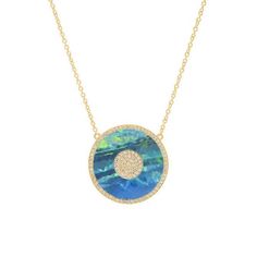 An update on our classic evil eye necklace, this handcrafted pendant features a pavé diamond pupil surrounded by a blue and green hued opal with a shimmering pavé diamond border. Set in 18-karat yellow gold, the pendant is fixed to a delicate chain. An everyday signature, we love how easily this piece transitions from day to night. Fixed to a 16 inch, 14-karat link chain Pendant measures 0.75" across Spring ring clasp Made with love in Los Angeles Complimentary gift wrapping provided This item i Fine Jewelry Opal Round Necklaces, Delicate Chain, Evil Eye Necklace, Chain Pendant, Eye Necklace, Boulder Opal, Underworld, Chain Pendants, Blue And Green