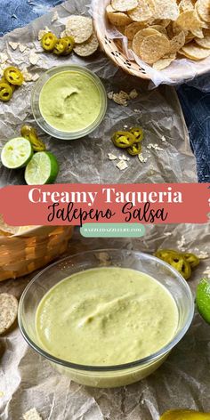 creamy taqueria with jalapenos and limes on the side for dipping