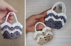 crocheted purses made to look like animals are being held by someone's hand