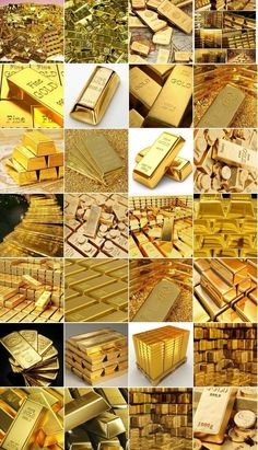 many gold bars are stacked on top of each other in different positions and sizes, with the