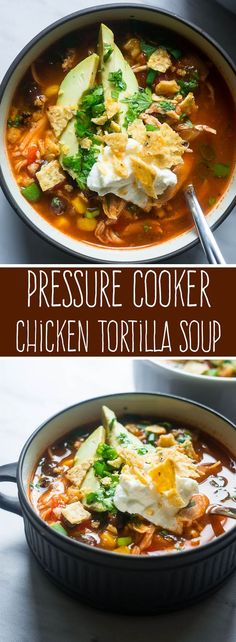 pressure cooker chicken tortilla soup with avocado and sour cream