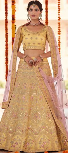 Organza Silk Bridal Lehenga in Yellow with Thread work Silk Bridal Lehenga, Wedding Yellow, Thread Work, Bridal Lehenga, Bridal Wedding, Indian Dresses, Yellow Color, Silk Fabric, Indian Wedding