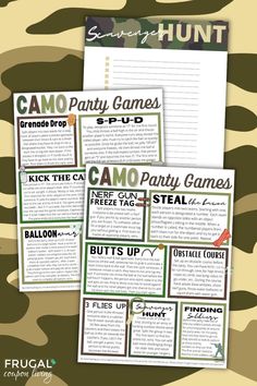 camo party games for kids and adults with free printables to play on