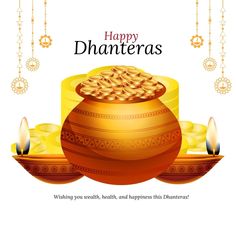 happy dhanteras greeting card with golden pot and diya on white background illustration