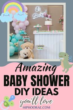 a baby shower party with balloons and stuffed animals