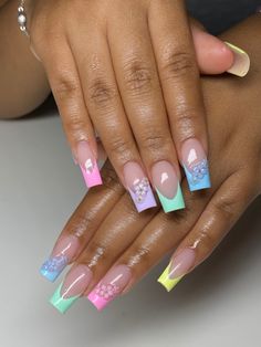 French nails Spring Color French Tip Nails, Easter French Tip Nails, Pink And Blue French Tip Nails, Pastel French Nails, Easter Color Nails, Pastel French Tip Nails, Pastel French Tips, Pastel French Tip, Acrylic Nails Simple