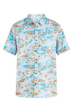 When it comes to the beach, you can't take it with you, but the laid-back vibes travel extremely well on this cool button-up that takes you away to the islands. Spread collar Short sleeves 80% cotton, 20% polyester Machine wash, tumble dry Imported Summer Hawaiian Button-up Shirt For Vacation, Beachy Camp Shirt For Summer Vacation, Summer Vacation Hawaiian Button-up Shirt, Beach Season Shirt With Button Closure, Summer Vacation Shirt With Button Closure, Relaxed Fit Beachwear Camp Shirt For Beach Season, Relaxed Fit Summer Camp Shirt For Beach, Relaxed Fit Camp Shirt For Beach Season, Summer Beach Short Sleeve Shirt With Button Closure