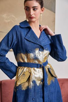 Blue lapel collared trench jacket, highlighted with metallic foil print at the waist. - Aza Fashions Gold Outerwear For Work In Spring, Chic Gold Double-breasted Outerwear, Chic Gold Outerwear For Spring, Gold Double-breasted Outerwear For Fall, Foil Denim, Denim Print, Women Jackets, Trench Jacket, Jacket For Women