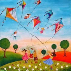 a painting of people flying kites in the sky