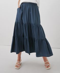 Women’s Sunset Light Gauze Tiered Skirt made with Organic Cotton | Pact Sunset Light, Cotton Midi Skirt, Skirt Trends, French Navy, Organic Clothing, Pink Skirt, Stripe Skirt, Tier Skirt, Tiered Skirt