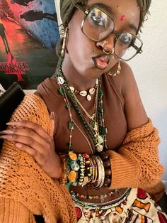 Jewelry, earthy, spiritual, black girl Spiritual Earthy Aesthetic, Earthy Girl Makeup, Earthy Grunge Aesthetic, Spiritual Black Women, Divine Feminine Outfits, Earthy Black Woman Aesthetic Outfits, Earthy Black Women, Earthy Black Woman, Earthy Women