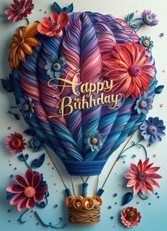 a birthday card with an air balloon in the shape of a heart surrounded by flowers