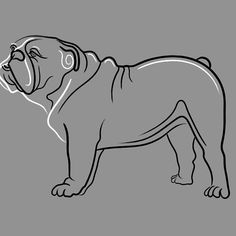 a black and white drawing of a dog on a gray background with the word bulldog written below it