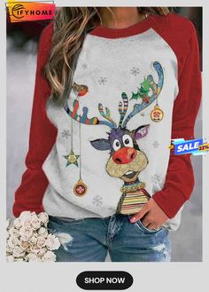 Casual Long Sleeve Animal Cotton-blend Sweatshirt Christmas Tops For Women, Christmas Tunic, Reindeer Lights, Raglan Sleeve Sweatshirt, Cartoon Sweatshirts, Christmas Tops, Color Block Top, Round Neck Sweatshirts, Red Blouses