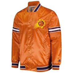 This Slider full-snap Varsity jacket is the perfect game day layer. Its bold Phoenix Suns design with vibrant graphics and a satin finish makes for a spirited look. A cozy midweight construction keeps you warm and snug. Officially licensed Long sleeve Imported Embroidered fabric applique Machine wash, tumble dry low One interior zippered pocket Full-button front Sewn-on stripes Midweight jacket suitable for moderate temperatures Material: 100% Polyester Rib-knit collar, cuffs and waistband with Fan Apparel Long Sleeve Outerwear For Sports Events, Long Sleeve Fan Apparel Outerwear For Sports Events, Throwback Long Sleeve Outerwear For Game Day, Team-colored Outerwear For Game Day In Fall, Team-colored Fall Outerwear For Fan Gear, Long Sleeve Outerwear For Spring Sports Events, Spring Long Sleeve Outerwear For Sports Events, Celebration Box, Casual Street Wear