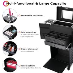 Features:- Multi-functional & Large Capacity - Byootique Stylist Makeup Train Case features pull-out design to fully display all your hair tools as temporary workstation; Top section with tool holders, 2nd section is a drawer with 4 extendable trays for lipsticks, hair clips, large hollow bottom to place large bottles, hairsprays, tools- Tool Holders for Easy Access - Retractable tool holders with multiple holes to fit different types of appliances, high-temperature resistant plate for securely holding hot blow dryer, hair curler, flat hair iron; Detachable mirror under top lid for delicate makeup, brush holders behind 2 doors to keep scissors, clips handy- Durable & Safe - ABS body with aluminum frame, reinforced corners & edges to avoid injury caused by accidental collision & make overal Rolling Makeup Case, Hair Irons, Tool Holders, Storage Trolley, Lock Design, Makeup Train Case, Beauty Center, Makeup Salon, Makeup Services