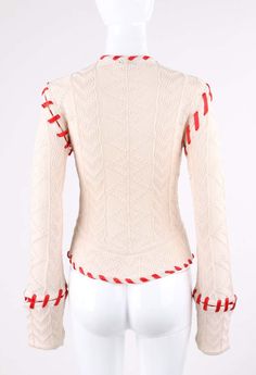 For Sale on 1stdibs - DESCRIPTION: ALEXANDER McQUEEN A/W 1999 'The Overlook' Cream Knit Ribbon Stitched Sweater Brand / Manufacturer: Alexander McQueen Collection: Autumn / Long Sleeve Knit Top With Crochet Trim, Ribbon Sweater, Luxury Long Sleeve Knit Top With Ribbed Cuffs, Alexander Mcqueen Knitwear, Alexander Mcqueen 2008 Fall, Sweater Brands, Cool Sweaters, Alexander, Alexander Mcqueen