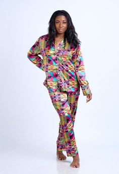 African Kente Print Satin Long Sleeve Pajama Set - Nkeoma Multicolor Long Sleeve Loungewear Set, Multicolor Long Sleeve Lounging Set, Multicolor Long Sleeve Lounge Sets, Fitted Multicolor Sleepwear For Loungewear, Multicolor Long Sleeve Pajama Party Sets, Pink Kente, Kente Pattern, Kente Print, Bridal Events