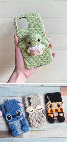 crocheted cell phone cases made to look like cartoon characters are being held up in the air