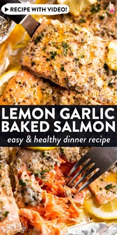 lemon garlic baked salmon in foil with a fork