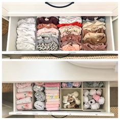 an organized closet with baby clothes and diapers in the bottom drawer, on top of a dresser