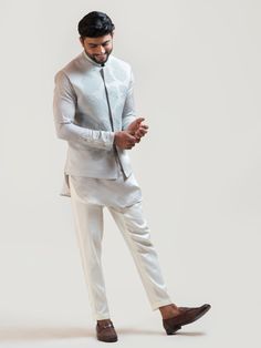 Gray Maple Leaf Nehru Kurta Set - Paarsh Atelier - East Boutique 3 Piece Kurta Set For Men, Short Kurta With Jacket For Men, Elegant Cotton Silk Nehru Jacket, Elegant Cotton Nehru Jacket For Spring, Designer Spring Formal Kurta, Unstitched Formal Kurta For Spring, Unstitched Formal Spring Kurta, Elegant Cotton Bandhgala Straight Kurta, Elegant Cotton Bandhgala For Eid