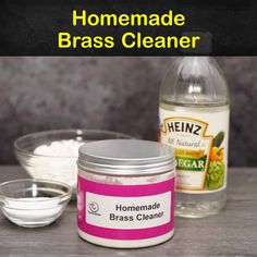 ingredients for homemade brass cleaner sitting on a table with text overlay that reads homemade brass cleaner