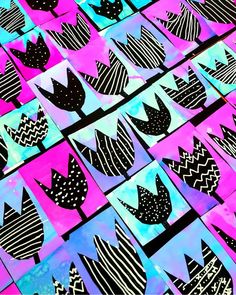 an abstract painting of black and white leaves on pink, blue, and purple squares