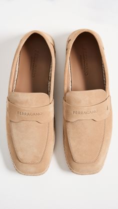 Find SALVATORE FERRAGAMO Desco Espadrilles on Editorialist. Upper: Calfskin suede. Lining: Suede. Jute platform. Leather footbed. Rubber sole. Made in Italy. This item cannot be gift-boxed. Suede Espadrilles With Textured Sole, Suede Slip-on Espadrilles With Leather Sole, Closed Toe Suede Espadrilles With Leather Sole, Beige Suede Espadrilles With Rubber Sole, Beige Suede Espadrilles With Textured Sole, Brown Suede Flat Heel Espadrilles, Leather Espadrilles With Suede Lining And Round Toe, Summer Beige Suede Loafers, Beige Suede Summer Loafers