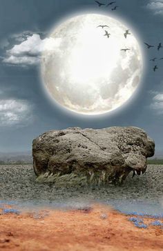 a large rock sitting on top of a dry grass field under a full moon filled sky