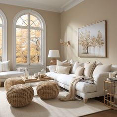 a living room filled with white furniture and large windows in the wall next to each other