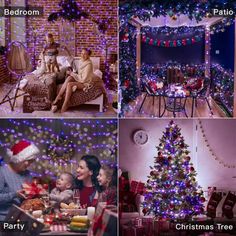 four different pictures of people sitting around a christmas tree