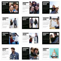 a calendar with pictures of people in different poses and numbers on the front, side, and back sides