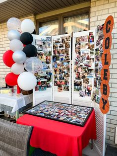 Old Bifold Louver Doors as a Photo Display Free Standing Picture Display, Large Photo Display Ideas For Party, Graduation Trifold Board Photo Displays, Graduation Party Photo Display Ideas, Graduation Photo Display Ideas, Grad Party Picture Display, Grad Party Photo Display, Graduation Picture Boards