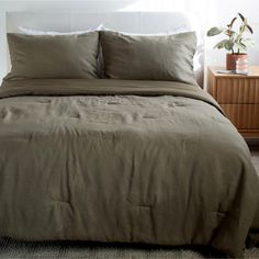 a bed with two pillows on top of it and a plant in the corner next to it