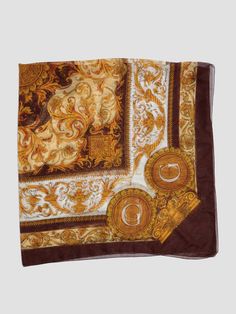 Lightweight and elegant, this sheer silk scarf comes with a baroque print and square design. Elegant Brown Rectangular Silk Scarf, Elegant Rectangular Brown Silk Scarf, Elegant Brown Square Scarf, Luxury Rectangular Scarves, Elegant Brown Square Silk Scarf, Luxury Square Silk Scarf For Formal Occasions, Luxury Square Silk Scarf For Formal Events, Elegant Gold Rectangular Silk Scarf, Elegant Gold Square Silk Scarf