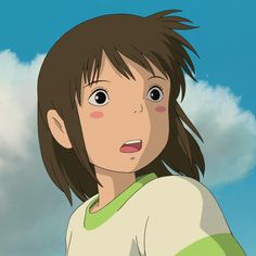 an anime character with brown hair and green shirt looking at something in the sky behind her