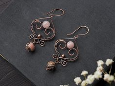 Unique Hand Forged Rose Gold Earrings, Pink Copper Wire Wrapped Jewelry, Pink Wire Wrapped Copper Wire Jewelry, Hand Forged Bohemian Rose Gold Jewelry, Pink Copper Wire Jewelry For Gifts, Pink Wire Wrapped Copper Jewelry, Rustic Wire Wrapped Earrings For Gift, Pink Copper Drop Earrings, Pink Copper Earrings For Gift