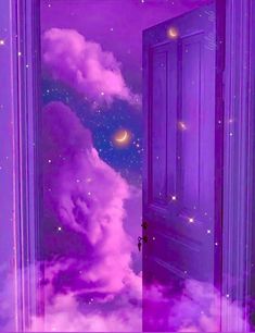 an open door leading into a purple sky filled with stars and clouds, as if from outer space