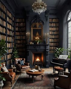 Room Decor Dark Green, Living Room Dark Academia, Dark Gray Sofa Living Room, Grey Sofa Decor, Dark Academia Living Room, Academia Interior, Gothic Fireplace, Dark Living Room, Game Room Ideas