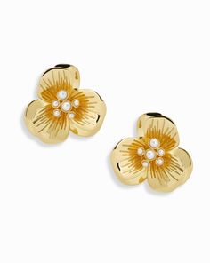 Channeling our inner florist in our Kora Floral Statement Studs. The perfect oversized studs for your special occasions leading up to your big day. Accented with mother-of-pearl pollen in the center. Gold plate over brass Mother of pearl accents Nickel- and lead-free Mother Of Pearl Gold Earrings, Pearl Stud Statement Earring, Golden Fashion, Gemstone Earrings Gold, Gold Gemstone Ring, Statement Drop Earrings, Bar Bracelets, Pearl Gemstone, Personalized Rings