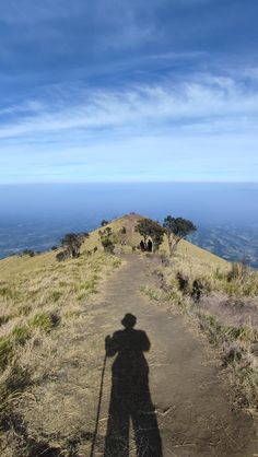 a person standing on top of a hill with a stick in their hand and the shadow of a man