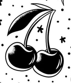 a black and white drawing of two cherries on a polka dot background with stars