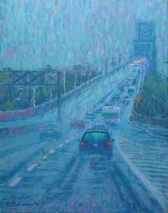 an oil painting of traffic on a rainy day