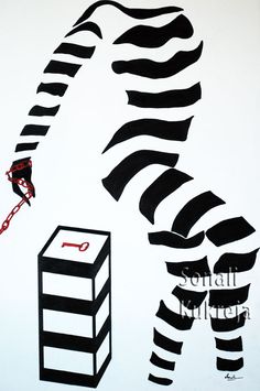 a black and white drawing of a zebra with a red tie on it's neck