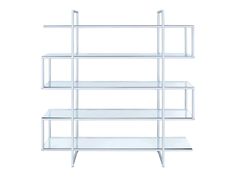 a white shelf with three glass shelves on each side and two metal bars at the top