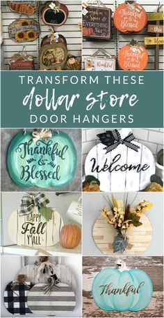 pumpkins and other decorative items with the words transform these dollar store door hangers